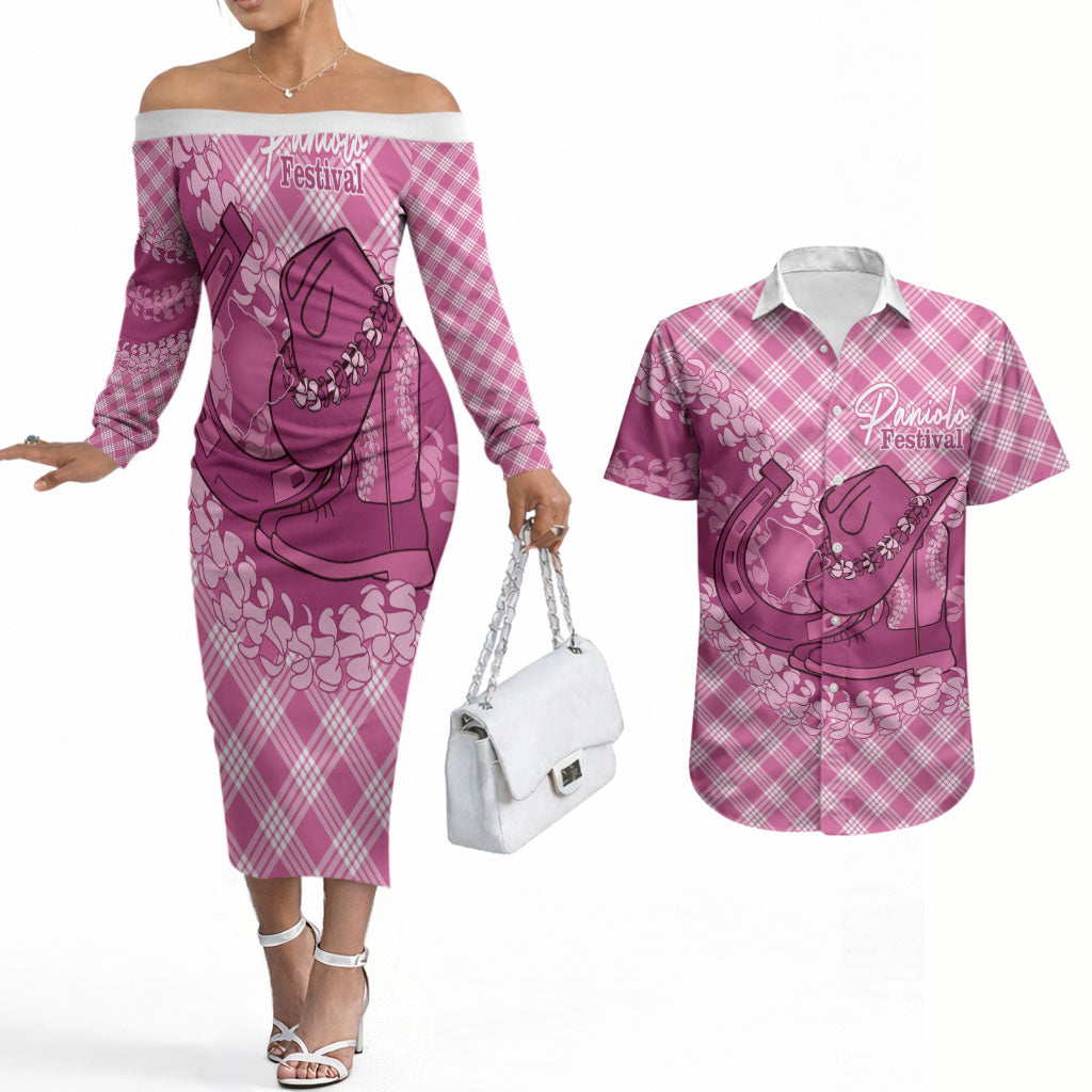 Alaka Hawaii Cowboy Palaka Motifs Personalised Couples Matching Off The Shoulder Long Sleeve Dress and Hawaiian Shirt Paniolo Festival Puakenikeni Lei