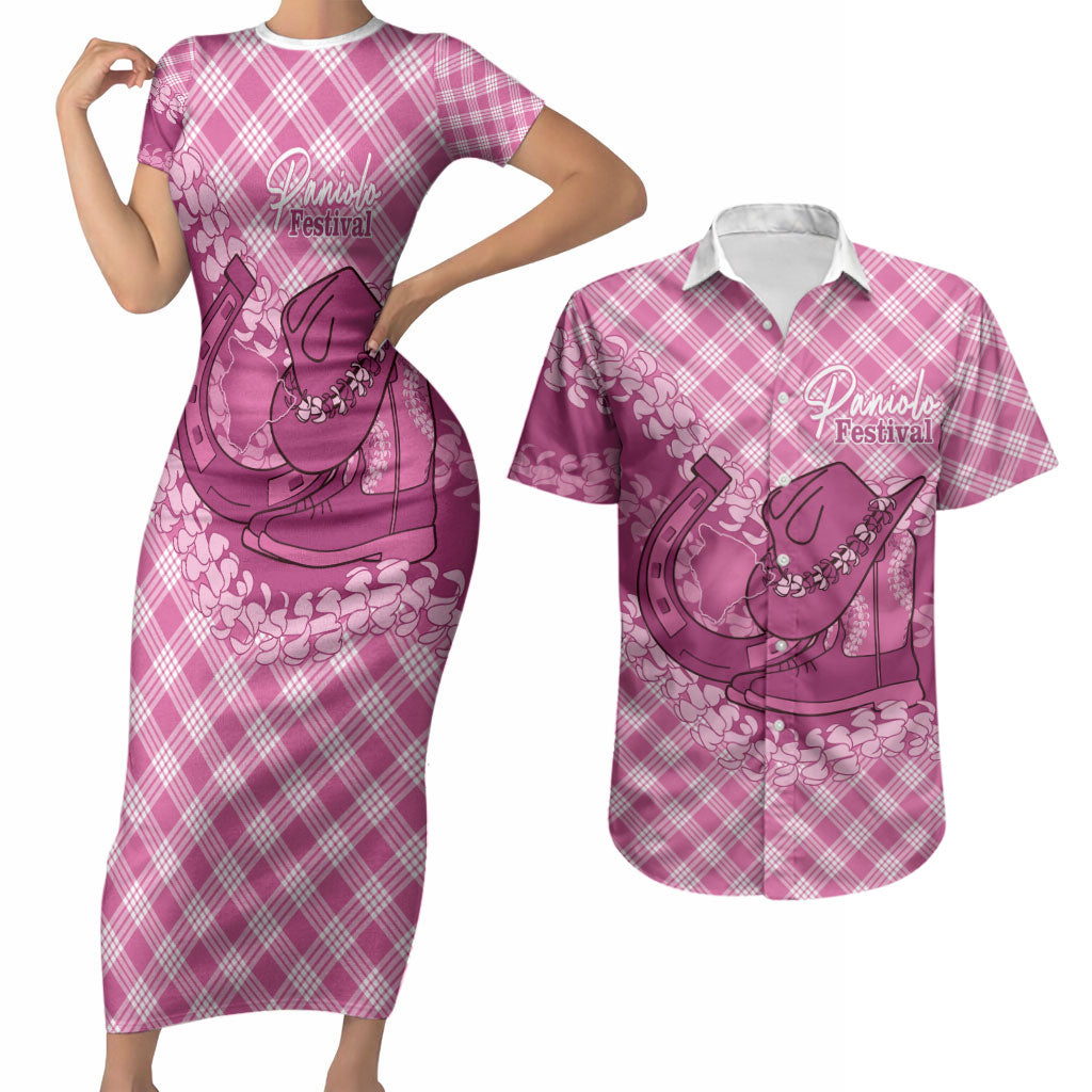 Alaka Hawaii Cowboy Palaka Motifs Personalised Couples Matching Short Sleeve Bodycon Dress and Hawaiian Shirt Paniolo Festival Puakenikeni Lei
