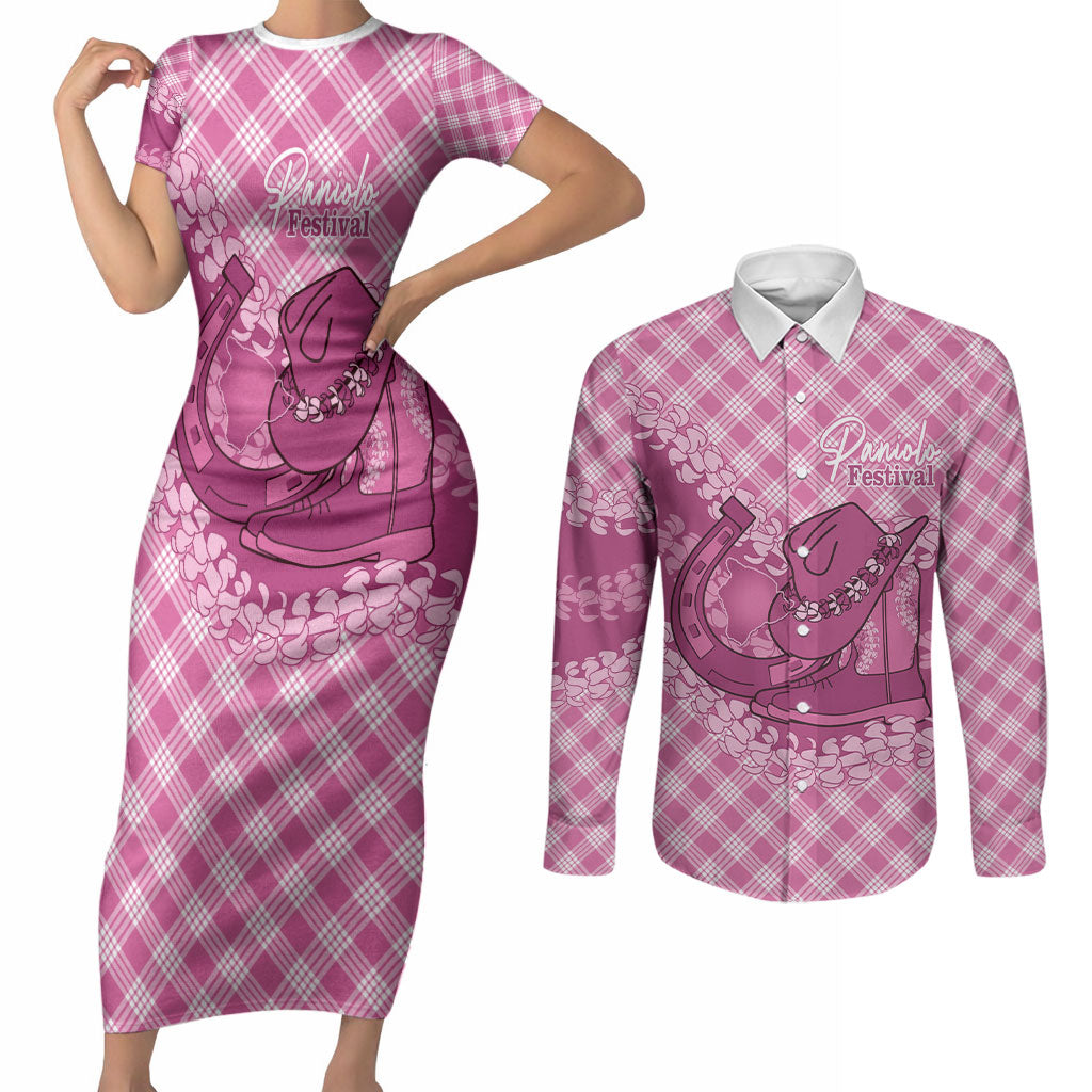Alaka Hawaii Cowboy Palaka Motifs Personalised Couples Matching Short Sleeve Bodycon Dress and Long Sleeve Button Shirt Paniolo Festival Puakenikeni Lei
