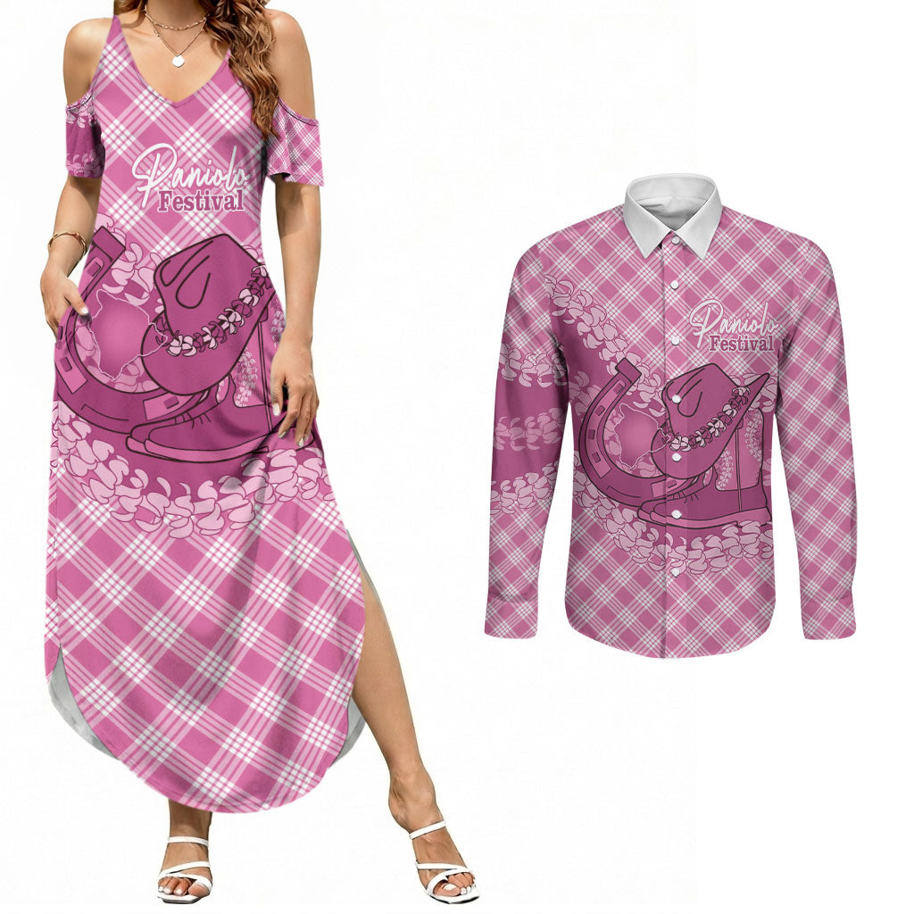 Alaka Hawaii Cowboy Palaka Motifs Personalised Couples Matching Summer Maxi Dress and Long Sleeve Button Shirt Paniolo Festival Puakenikeni Lei