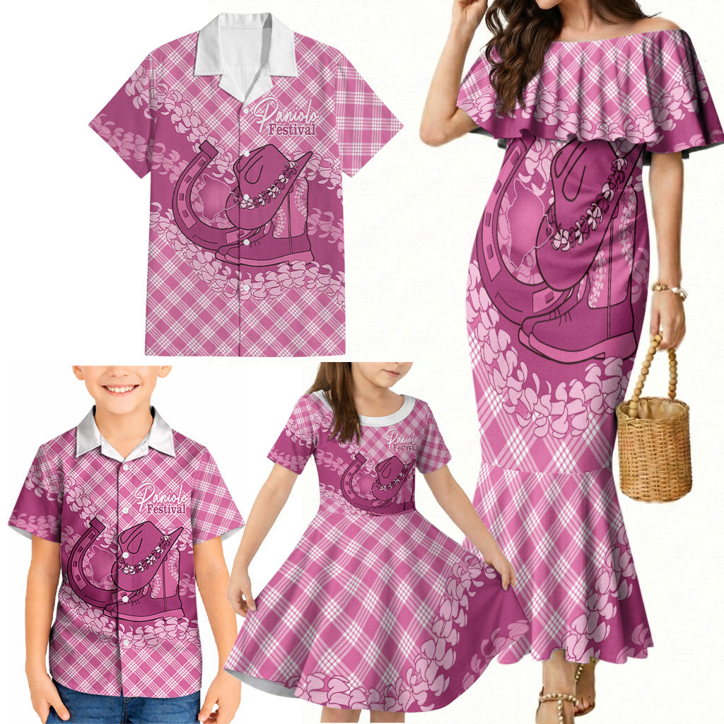 Alaka Hawaii Cowboy Palaka Motifs Personalised Family Matching Mermaid Dress and Hawaiian Shirt Paniolo Festival Puakenikeni Lei