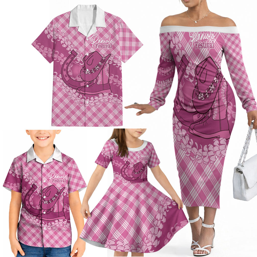 Alaka Hawaii Cowboy Palaka Motifs Personalised Family Matching Off The Shoulder Long Sleeve Dress and Hawaiian Shirt Paniolo Festival Puakenikeni Lei