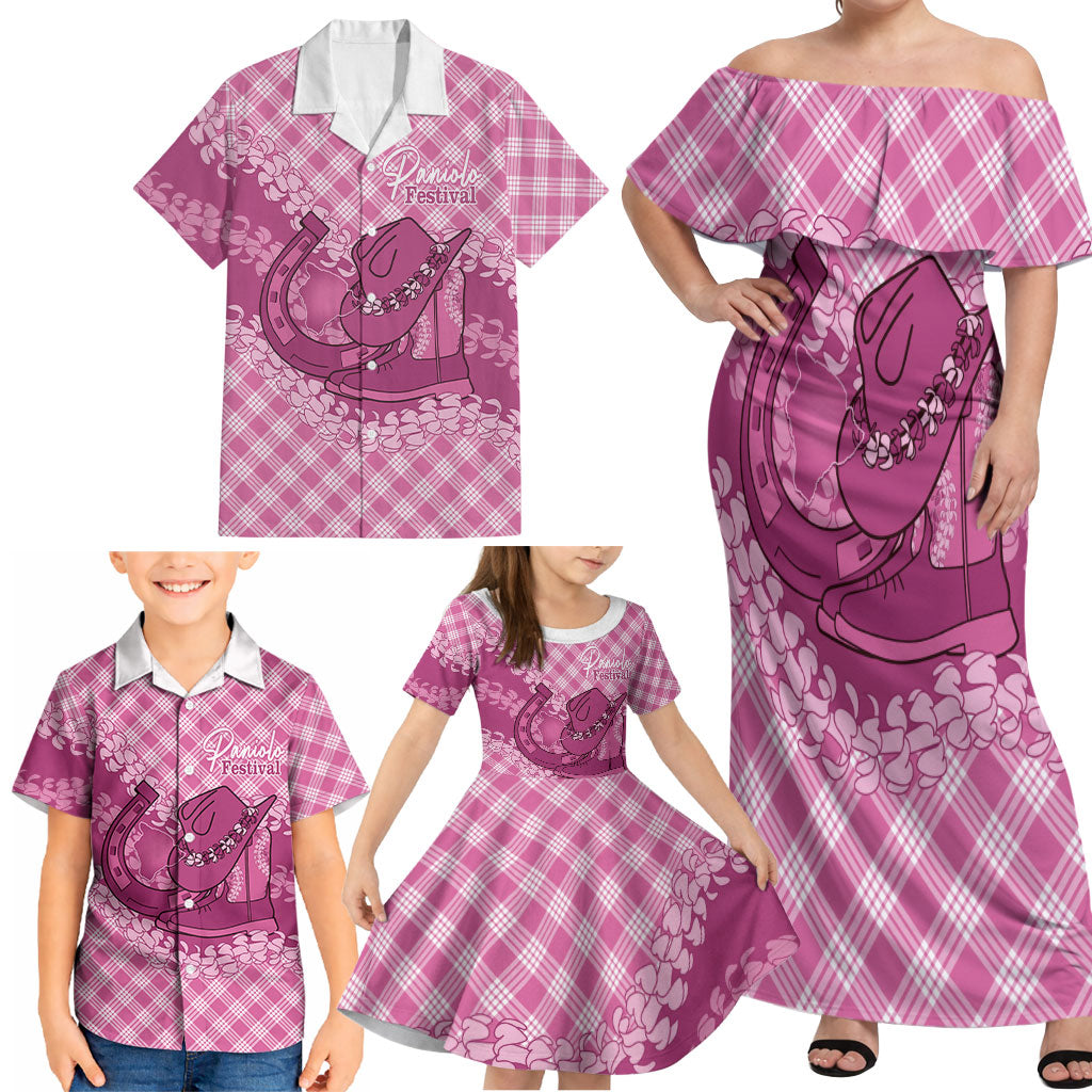 Alaka Hawaii Cowboy Palaka Motifs Personalised Family Matching Off Shoulder Maxi Dress and Hawaiian Shirt Paniolo Festival Puakenikeni Lei