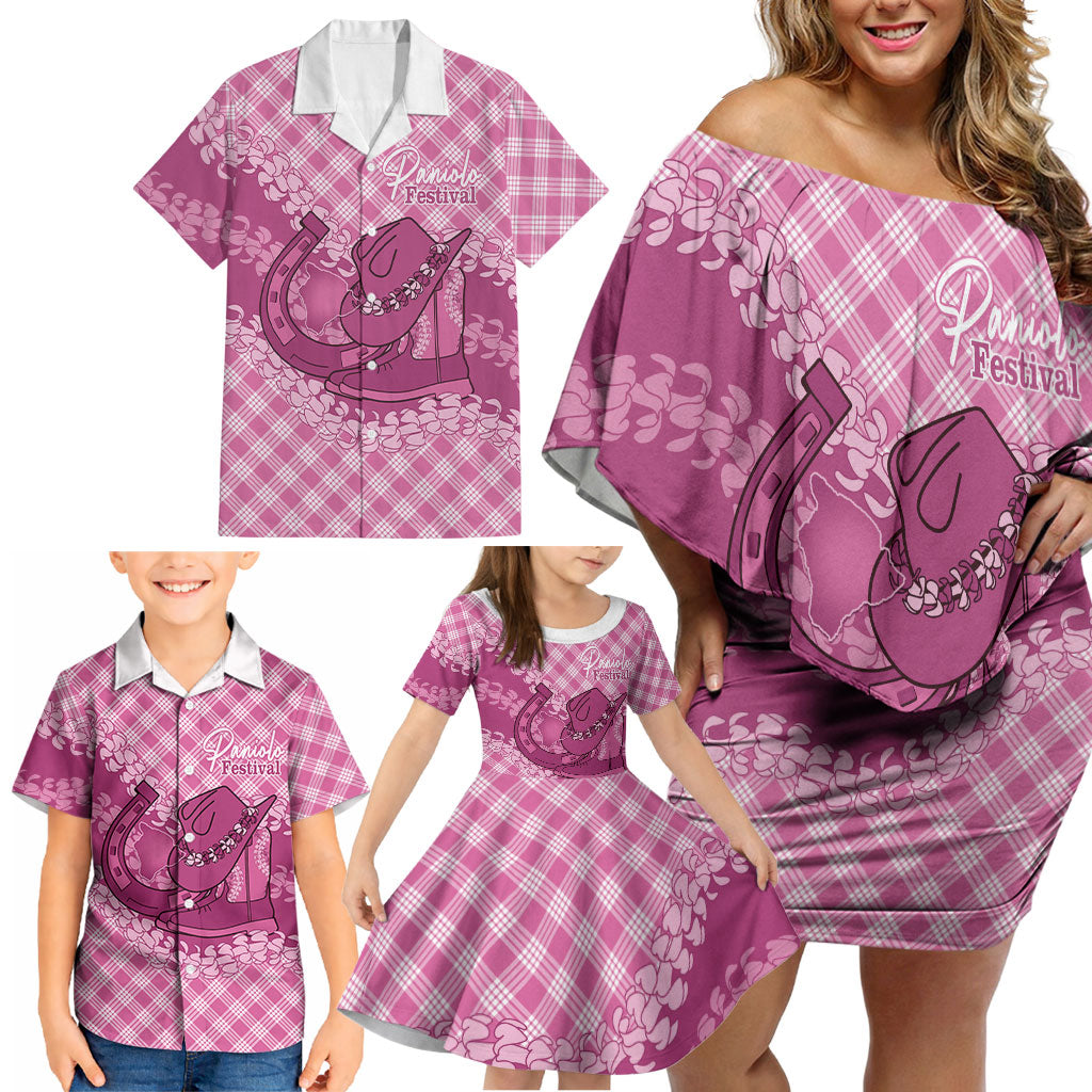 Alaka Hawaii Cowboy Palaka Motifs Personalised Family Matching Off Shoulder Short Dress and Hawaiian Shirt Paniolo Festival Puakenikeni Lei