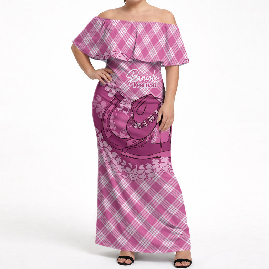 Alaka Hawaii Cowboy Palaka Motifs Personalised Off Shoulder Maxi Dress Paniolo Festival Puakenikeni Lei