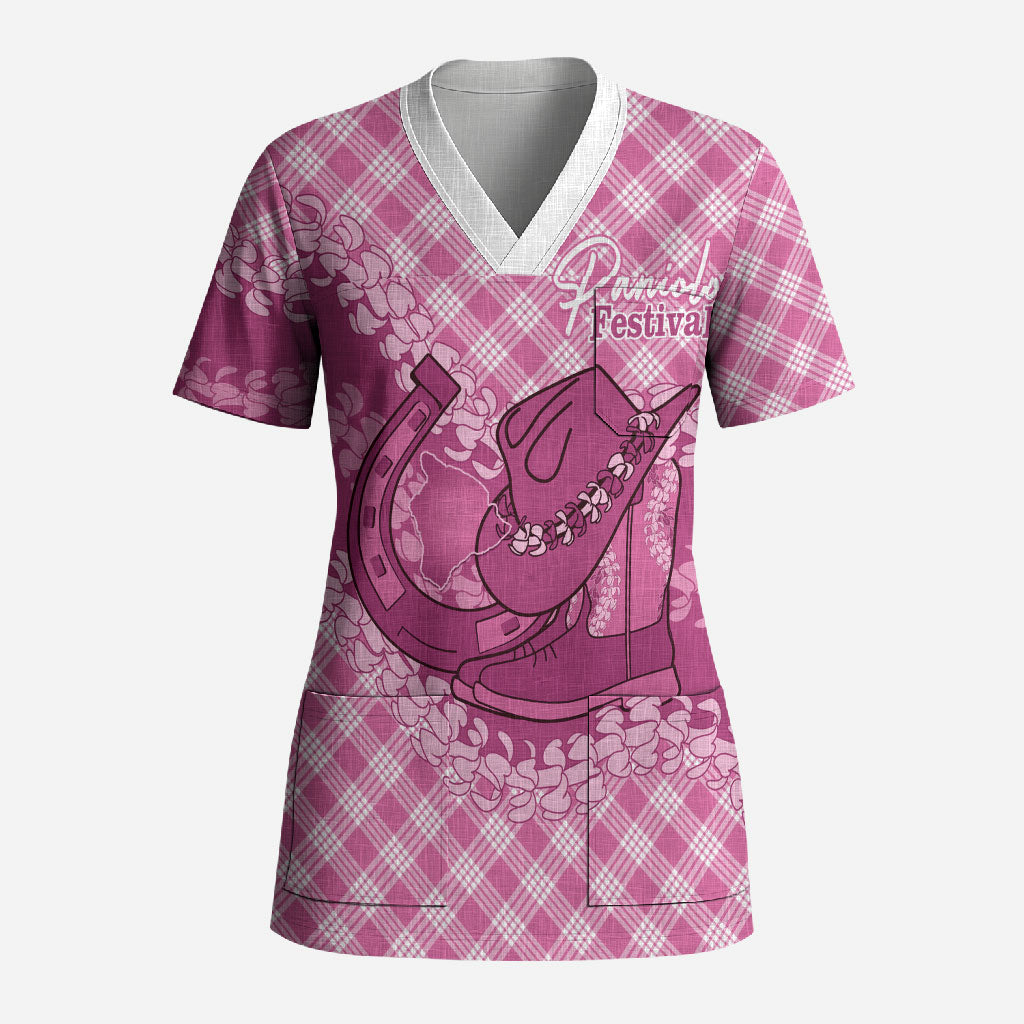 Alaka Hawaii Cowboy Palaka Motifs Personalised Scrub Top Paniolo Festival Puakenikeni Lei