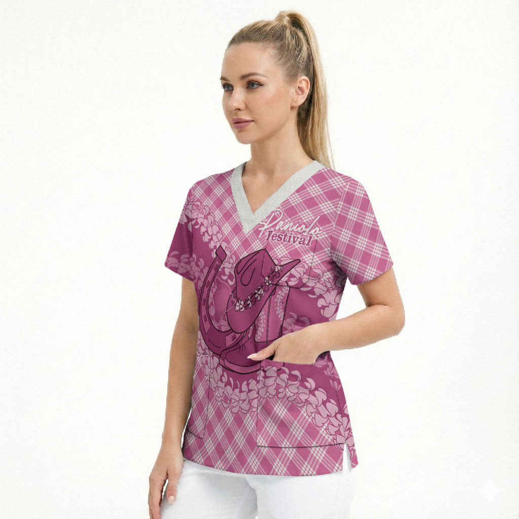 Alaka Hawaii Cowboy Palaka Motifs Personalised Scrub Top Paniolo Festival Puakenikeni Lei LT14 - Polynesian Pride