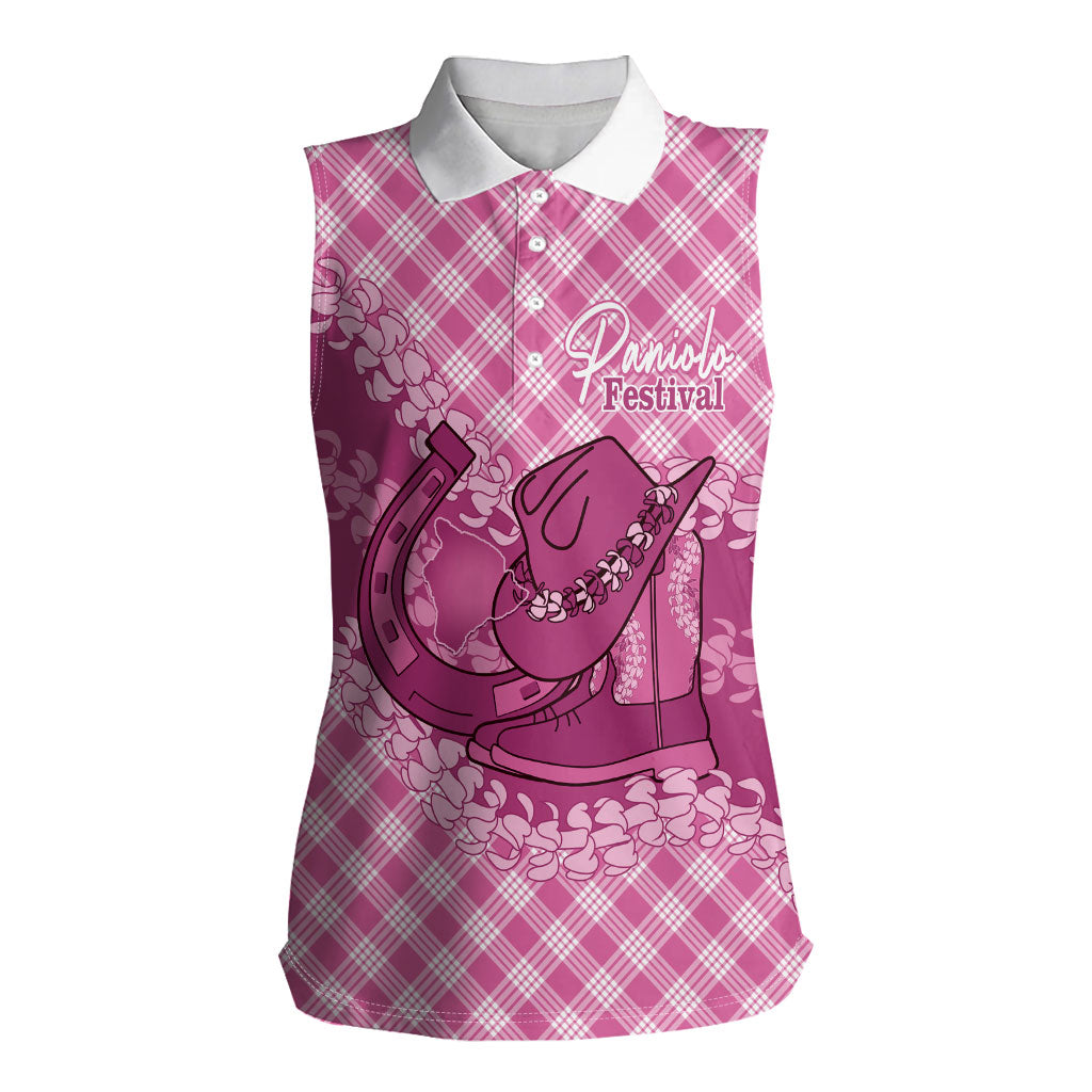 Alaka Hawaii Cowboy Palaka Motifs Personalised Women Sleeveless Polo Shirt Paniolo Festival Puakenikeni Lei