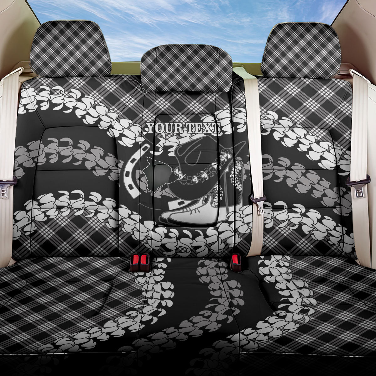 Eleele Hawaii Cowboy Palaka Motifs Personalised Back Car Seat Cover Paniolo Festival Puakenikeni Lei