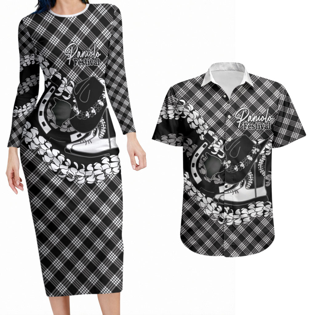 Eleele Hawaii Cowboy Palaka Motifs Personalised Couples Matching Long Sleeve Bodycon Dress and Hawaiian Shirt Paniolo Festival Puakenikeni Lei
