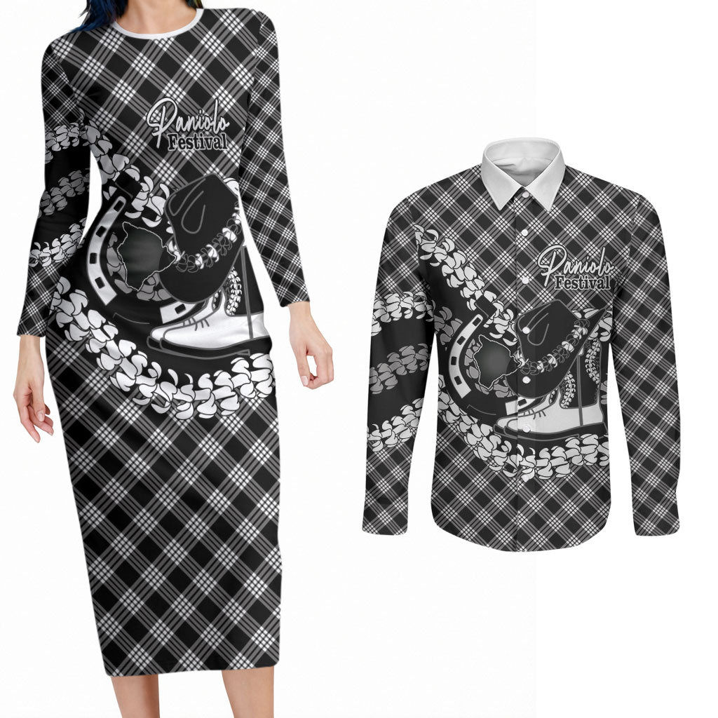 Eleele Hawaii Cowboy Palaka Motifs Personalised Couples Matching Long Sleeve Bodycon Dress and Long Sleeve Button Shirt Paniolo Festival Puakenikeni Lei