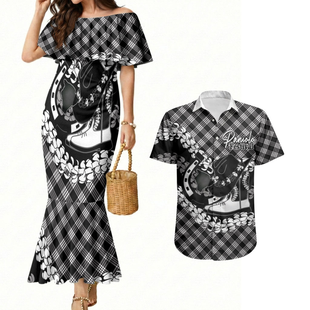 Eleele Hawaii Cowboy Palaka Motifs Personalised Couples Matching Mermaid Dress and Hawaiian Shirt Paniolo Festival Puakenikeni Lei