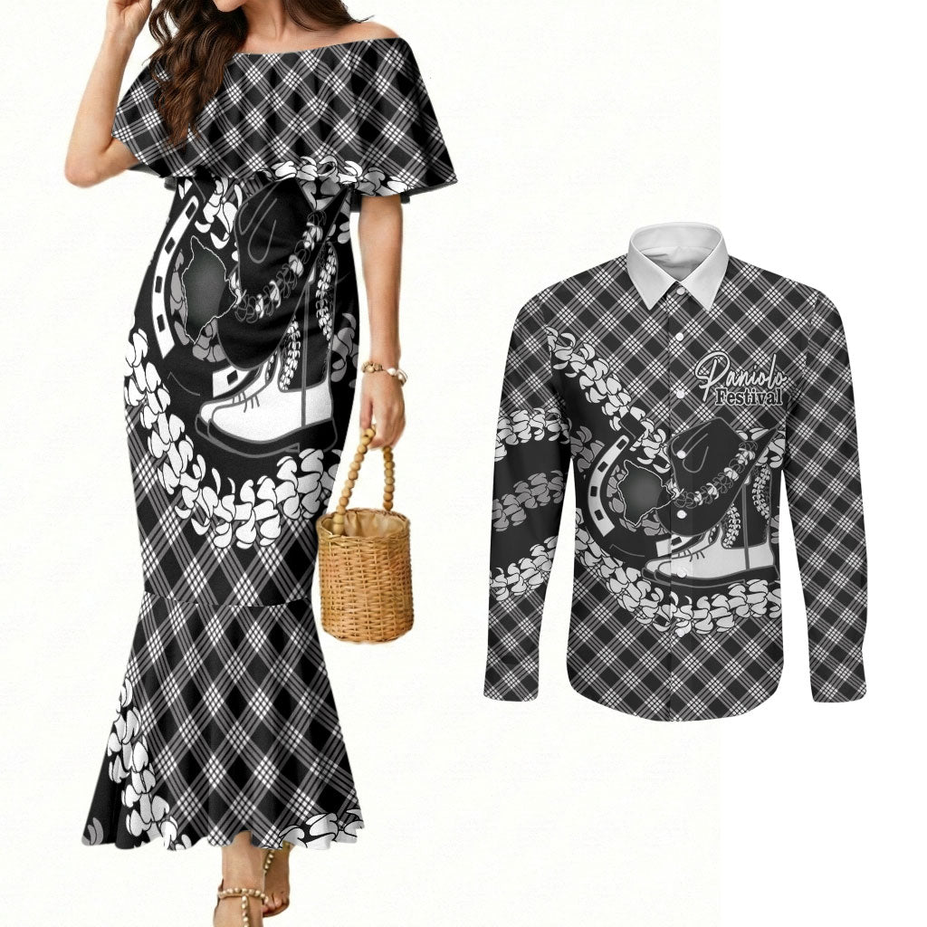Eleele Hawaii Cowboy Palaka Motifs Personalised Couples Matching Mermaid Dress and Long Sleeve Button Shirt Paniolo Festival Puakenikeni Lei