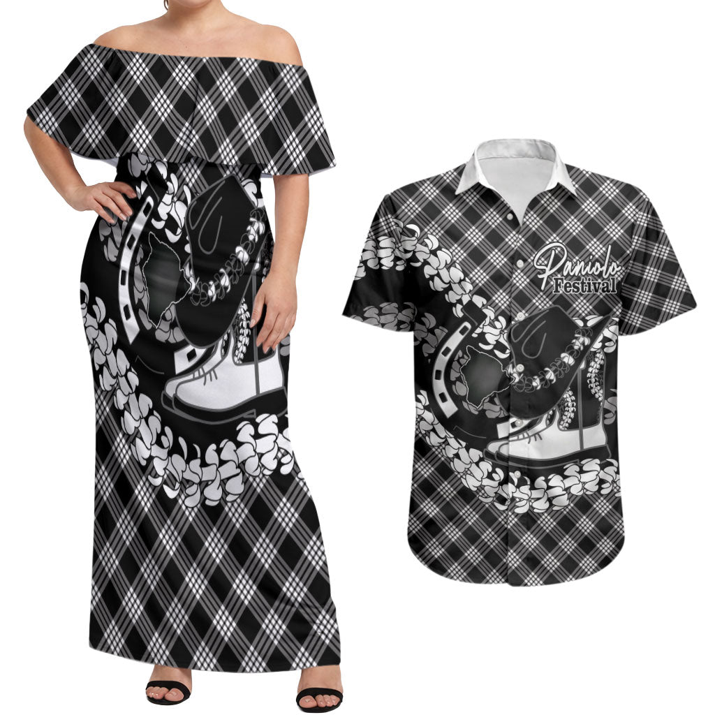 Eleele Hawaii Cowboy Palaka Motifs Personalised Couples Matching Off Shoulder Maxi Dress and Hawaiian Shirt Paniolo Festival Puakenikeni Lei