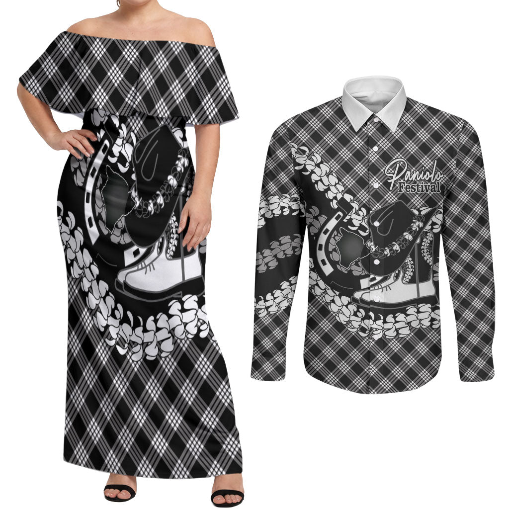 Eleele Hawaii Cowboy Palaka Motifs Personalised Couples Matching Off Shoulder Maxi Dress and Long Sleeve Button Shirt Paniolo Festival Puakenikeni Lei
