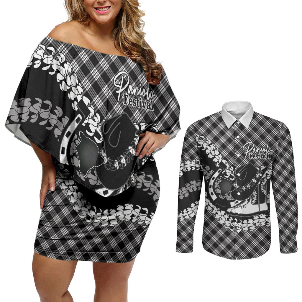 Eleele Hawaii Cowboy Palaka Motifs Personalised Couples Matching Off Shoulder Short Dress and Long Sleeve Button Shirt Paniolo Festival Puakenikeni Lei
