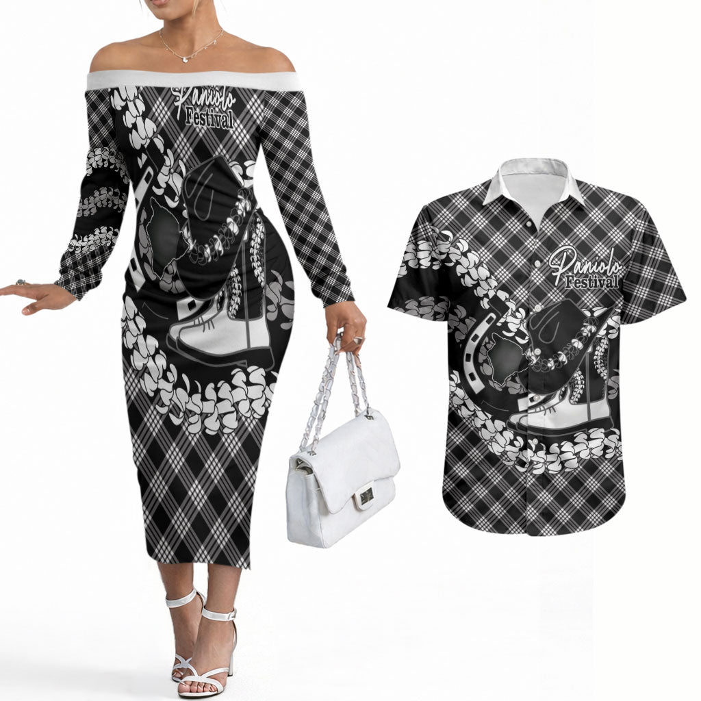 Eleele Hawaii Cowboy Palaka Motifs Personalised Couples Matching Off The Shoulder Long Sleeve Dress and Hawaiian Shirt Paniolo Festival Puakenikeni Lei