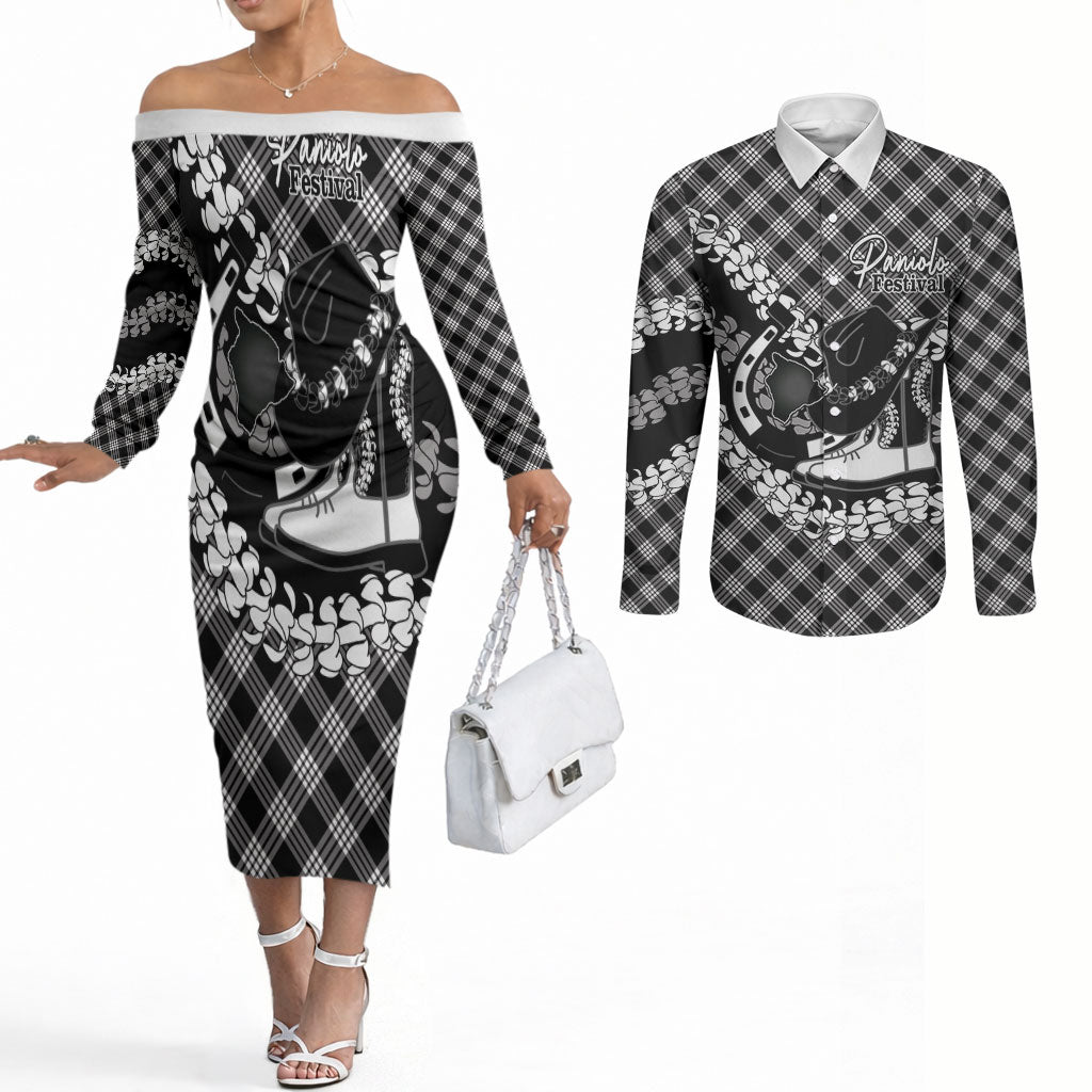 Eleele Hawaii Cowboy Palaka Motifs Personalised Couples Matching Off The Shoulder Long Sleeve Dress and Long Sleeve Button Shirt Paniolo Festival Puakenikeni Lei