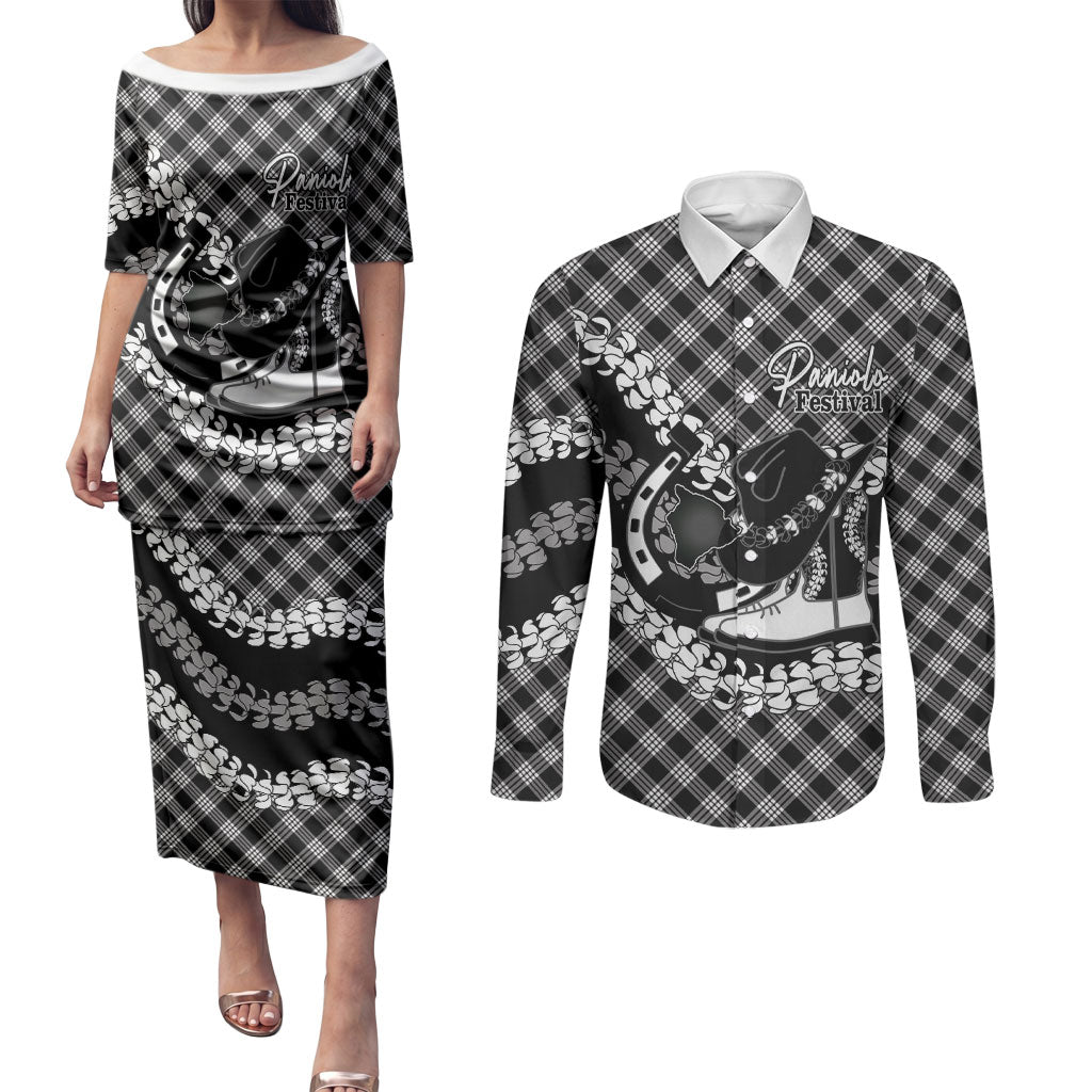 Eleele Hawaii Cowboy Palaka Motifs Personalised Couples Matching Puletasi and Long Sleeve Button Shirt Paniolo Festival Puakenikeni Lei LT14 Black - Polynesian Pride