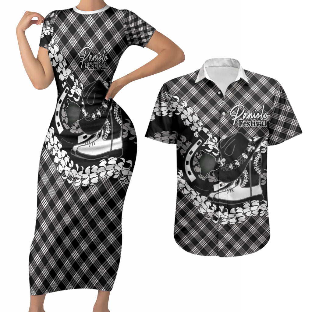 Eleele Hawaii Cowboy Palaka Motifs Personalised Couples Matching Short Sleeve Bodycon Dress and Hawaiian Shirt Paniolo Festival Puakenikeni Lei