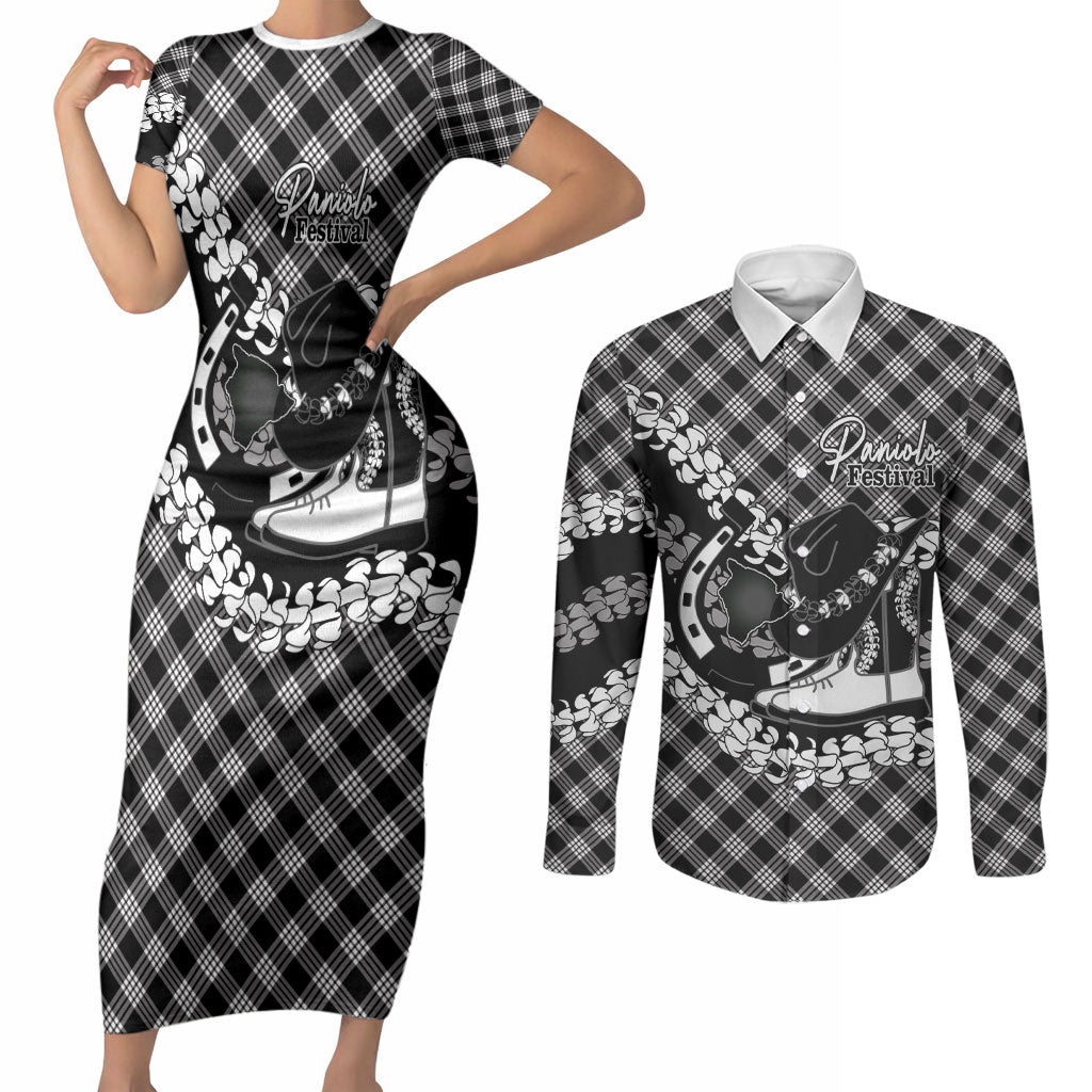 Eleele Hawaii Cowboy Palaka Motifs Personalised Couples Matching Short Sleeve Bodycon Dress and Long Sleeve Button Shirt Paniolo Festival Puakenikeni Lei