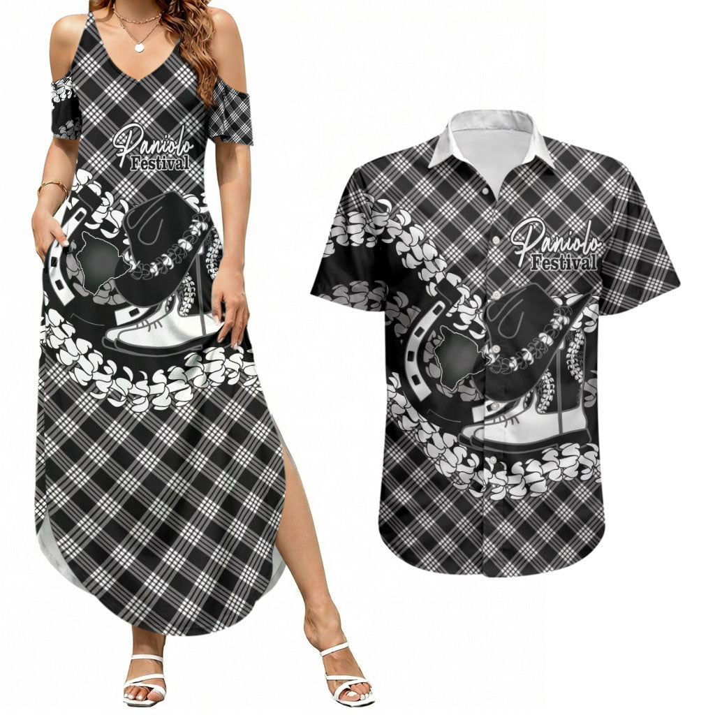 Eleele Hawaii Cowboy Palaka Motifs Personalised Couples Matching Summer Maxi Dress and Hawaiian Shirt Paniolo Festival Puakenikeni Lei