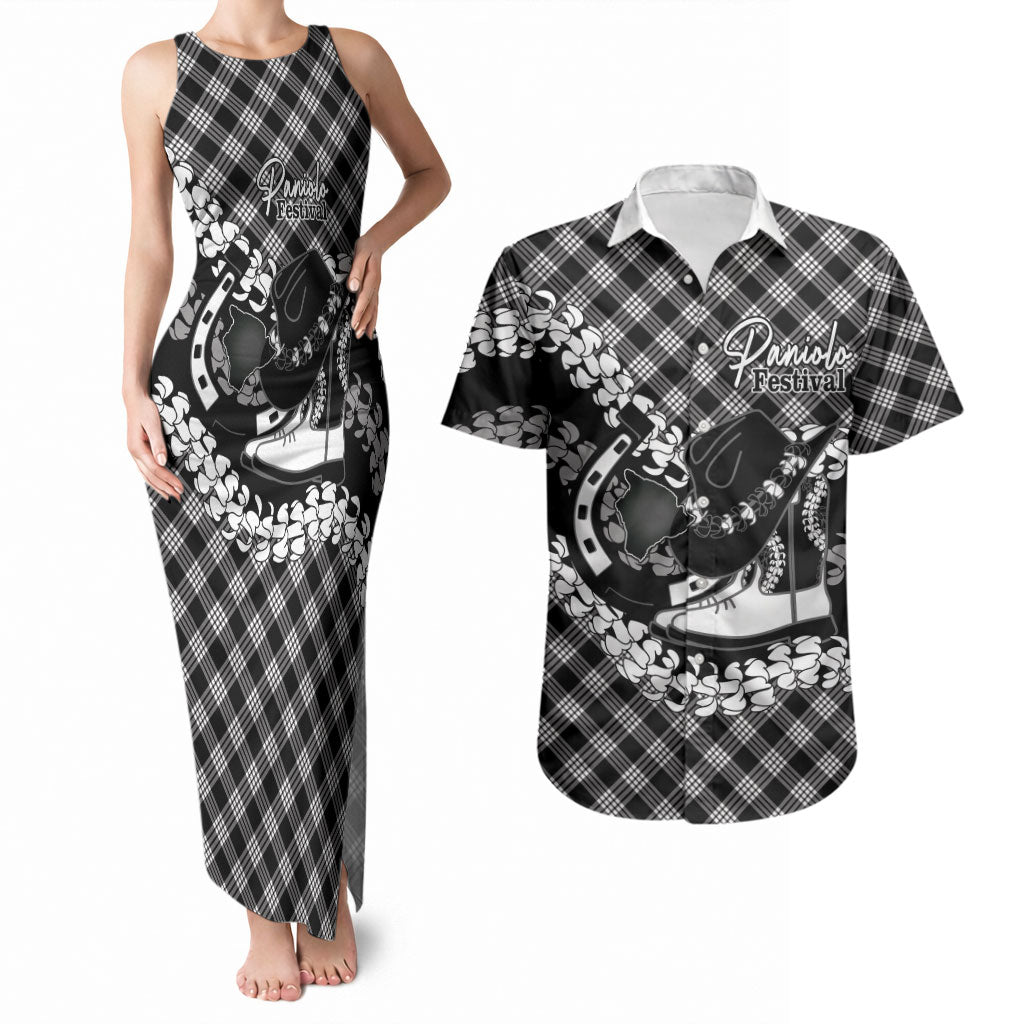 Eleele Hawaii Cowboy Palaka Motifs Personalised Couples Matching Tank Maxi Dress and Hawaiian Shirt Paniolo Festival Puakenikeni Lei