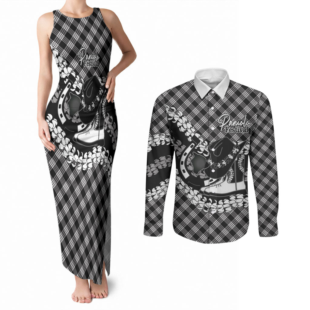 Eleele Hawaii Cowboy Palaka Motifs Personalised Couples Matching Tank Maxi Dress and Long Sleeve Button Shirt Paniolo Festival Puakenikeni Lei