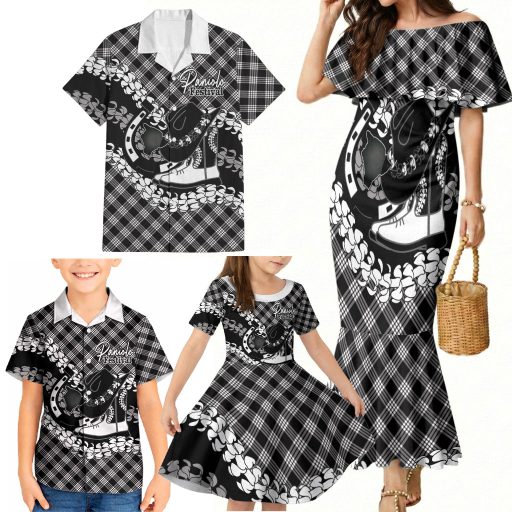 Eleele Hawaii Cowboy Palaka Motifs Personalised Family Matching Mermaid Dress and Hawaiian Shirt Paniolo Festival Puakenikeni Lei