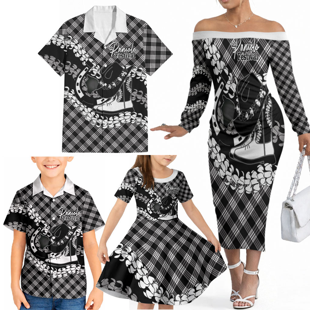 Eleele Hawaii Cowboy Palaka Motifs Personalised Family Matching Off The Shoulder Long Sleeve Dress and Hawaiian Shirt Paniolo Festival Puakenikeni Lei LT14 - Polynesian Pride
