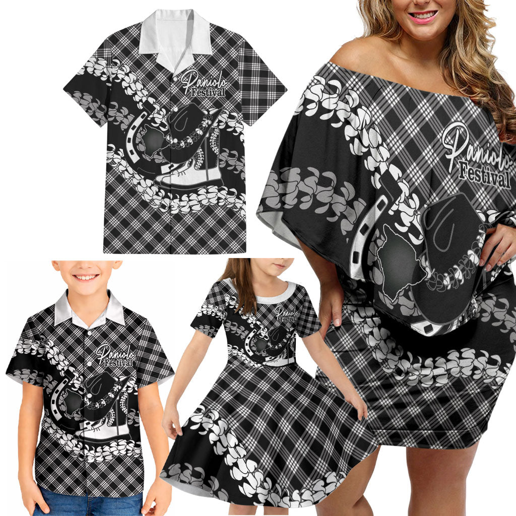 Eleele Hawaii Cowboy Palaka Motifs Personalised Family Matching Off Shoulder Short Dress and Hawaiian Shirt Paniolo Festival Puakenikeni Lei