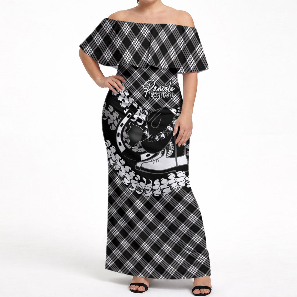 Eleele Hawaii Cowboy Palaka Motifs Personalised Off Shoulder Maxi Dress Paniolo Festival Puakenikeni Lei