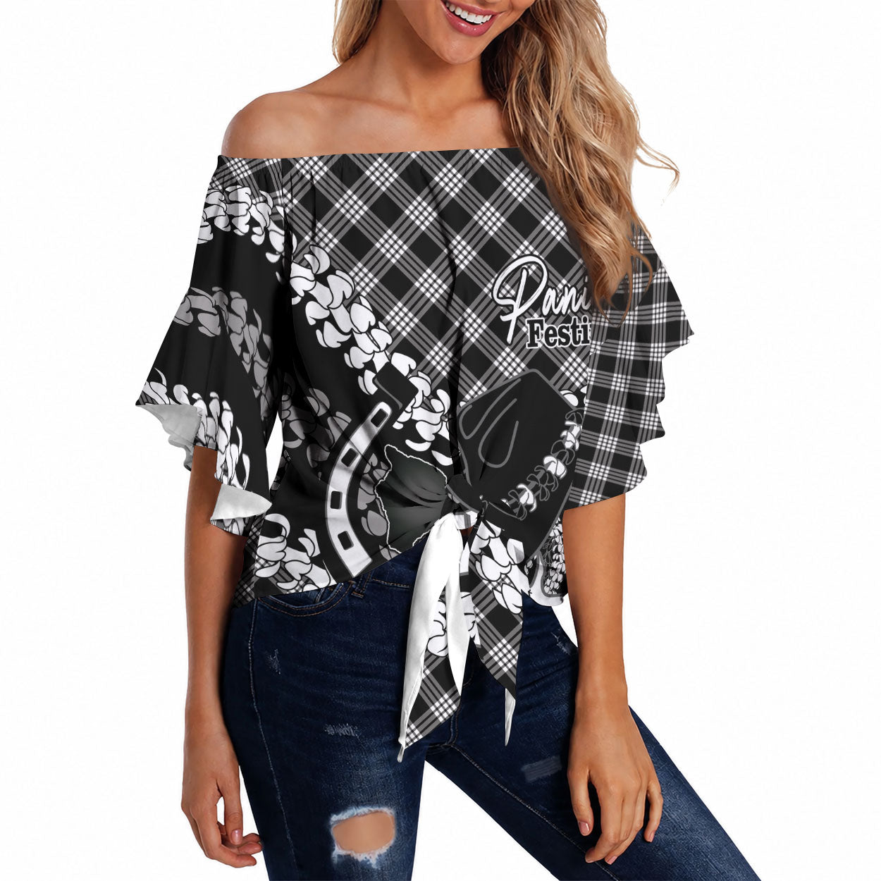 Eleele Hawaii Cowboy Palaka Motifs Personalised Off Shoulder Wrap Waist Top Paniolo Festival Puakenikeni Lei