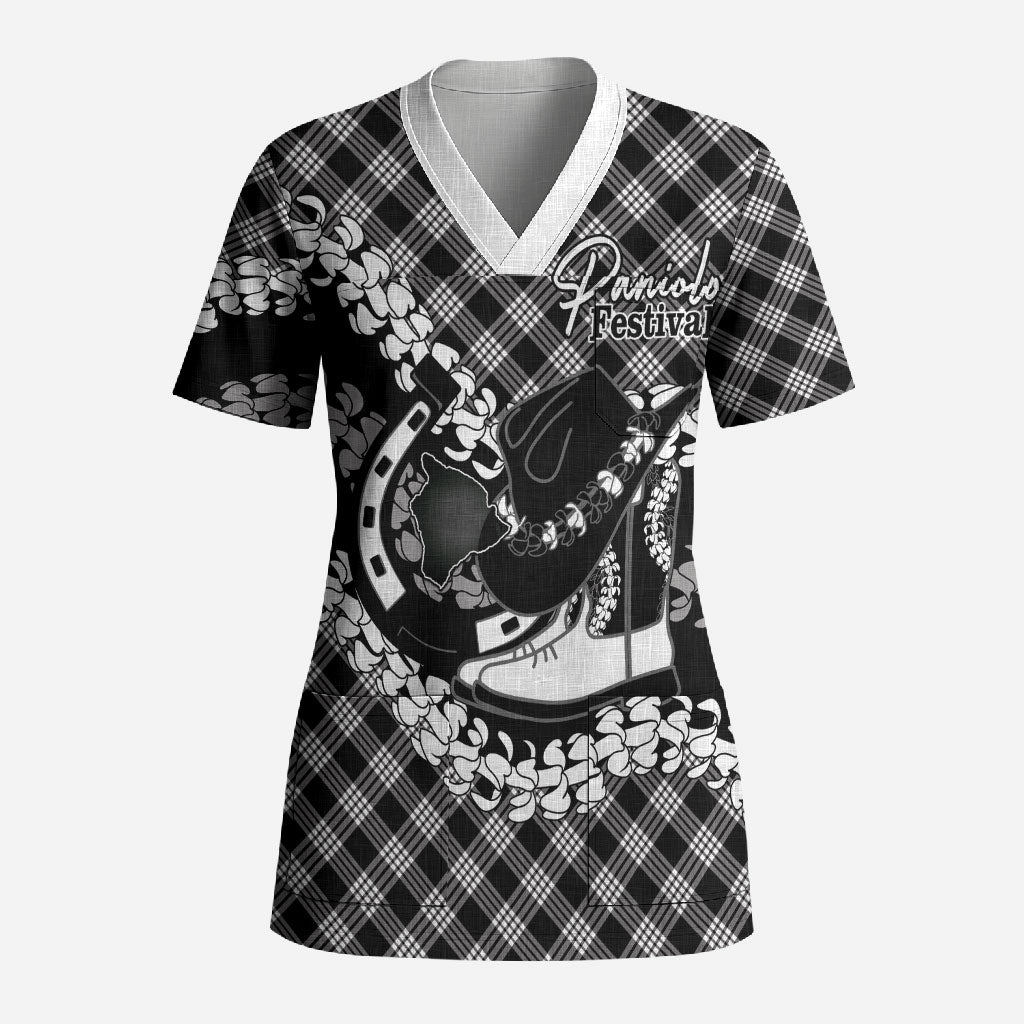 Eleele Hawaii Cowboy Palaka Motifs Personalised Scrub Top Paniolo Festival Puakenikeni Lei