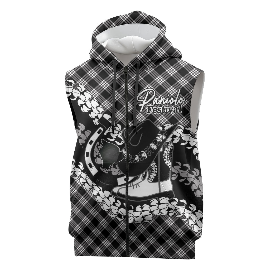 Eleele Hawaii Cowboy Palaka Motifs Personalised Sleeveless Zip Hoodie Paniolo Festival Puakenikeni Lei