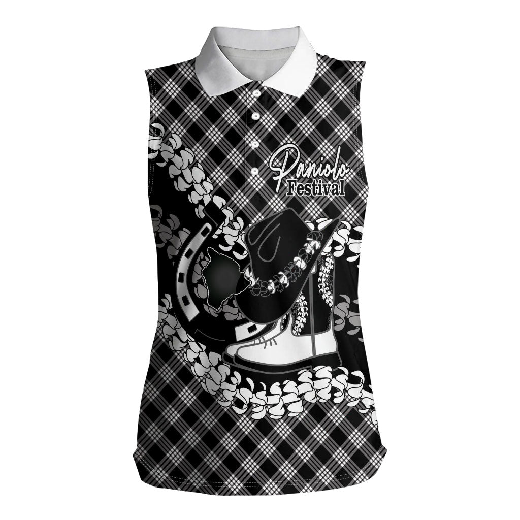 Eleele Hawaii Cowboy Palaka Motifs Personalised Women Sleeveless Polo Shirt Paniolo Festival Puakenikeni Lei