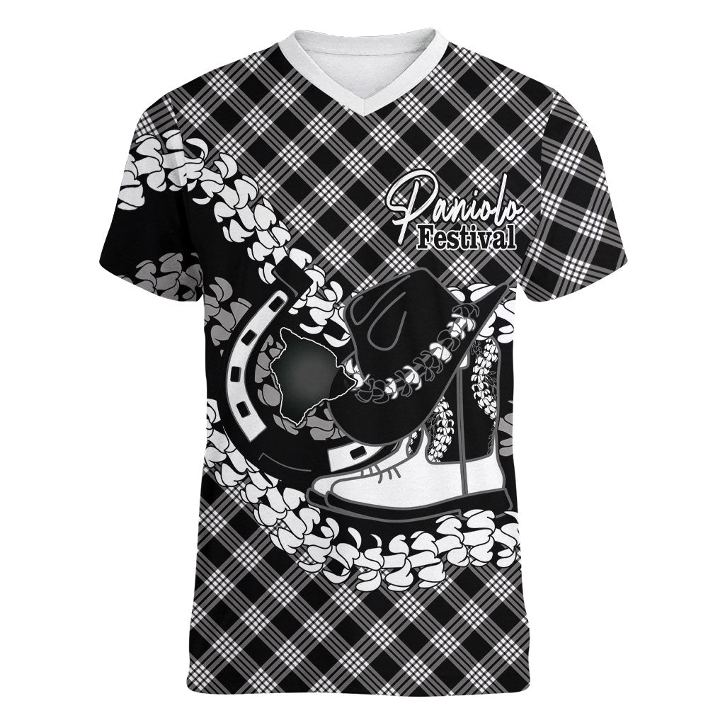 Eleele Hawaii Cowboy Palaka Motifs Personalised Women V-Neck T-Shirt Paniolo Festival Puakenikeni Lei
