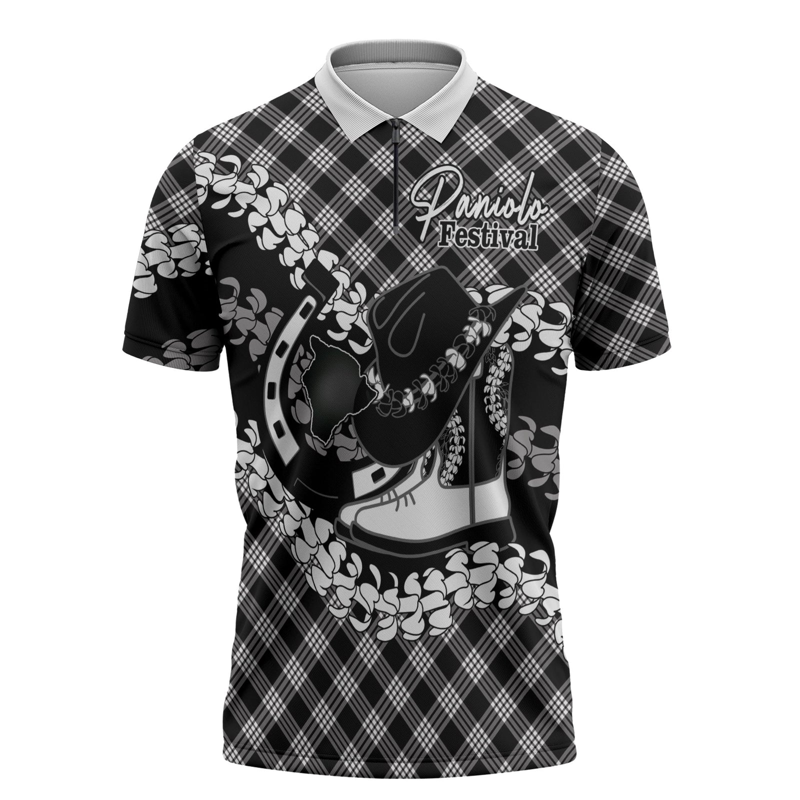 Eleele Hawaii Cowboy Palaka Motifs Personalised Zipper Polo Shirt Paniolo Festival Puakenikeni Lei