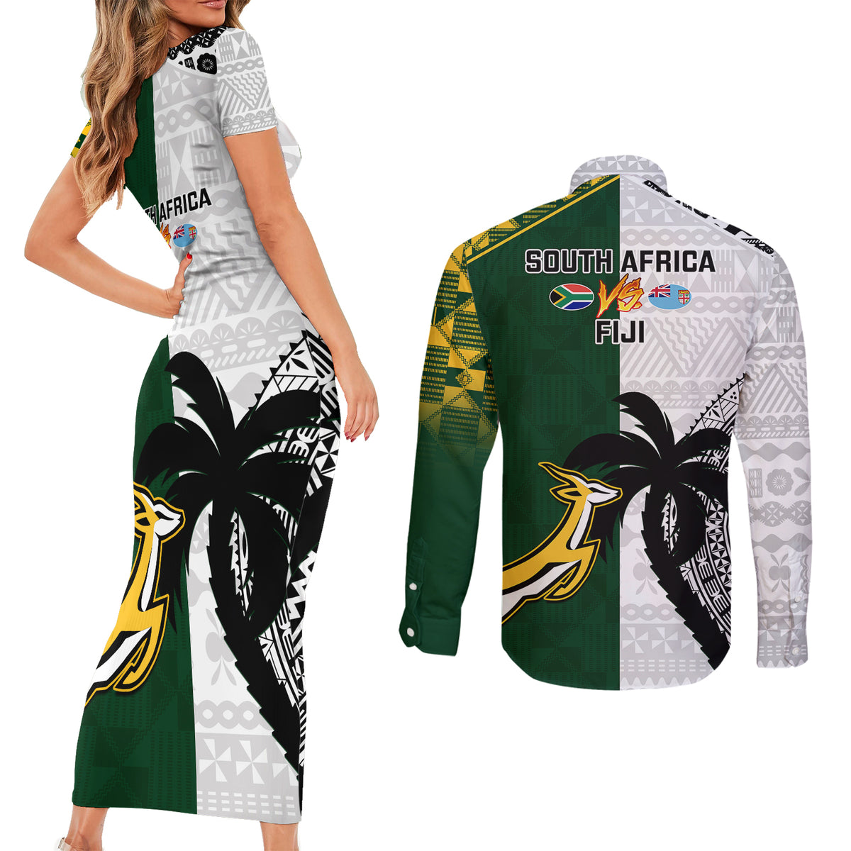 South Africa And Fiji Rugby Couples Matching Short Sleeve Bodycon Dress and Long Sleeve Button Shirts 2023 World Cup Fijian Tapa With Kente Pattern LT14 - Polynesian Pride