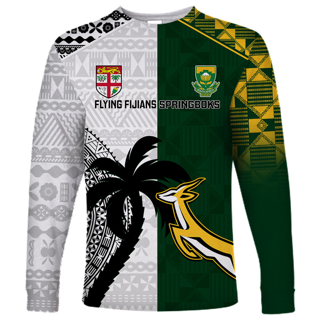 South Africa And Fiji Rugby Long Sleeve Shirt 2023 World Cup Fijian Tapa With Kente Pattern LT14 Unisex Green - Polynesian Pride