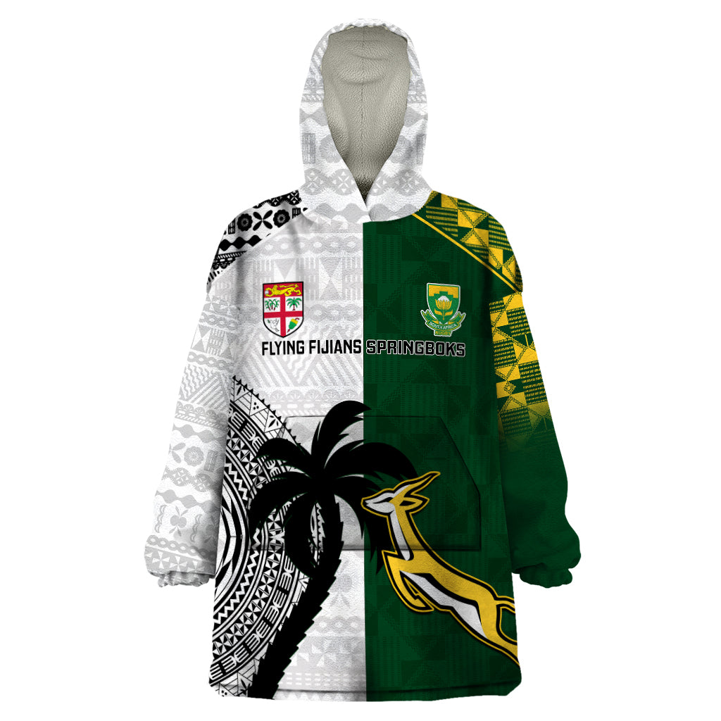 South Africa And Fiji Rugby Wearable Blanket Hoodie 2023 World Cup Fijian Tapa With Kente Pattern LT14 One Size Green - Polynesian Pride