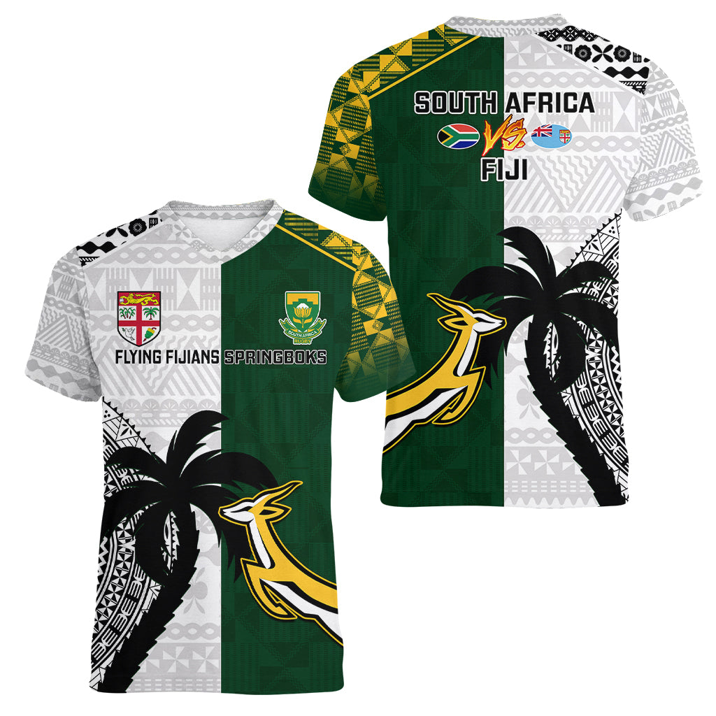 South Africa And Fiji Rugby Women V Neck T Shirt 2023 World Cup Fijian Tapa With Kente Pattern LT14 - Polynesian Pride