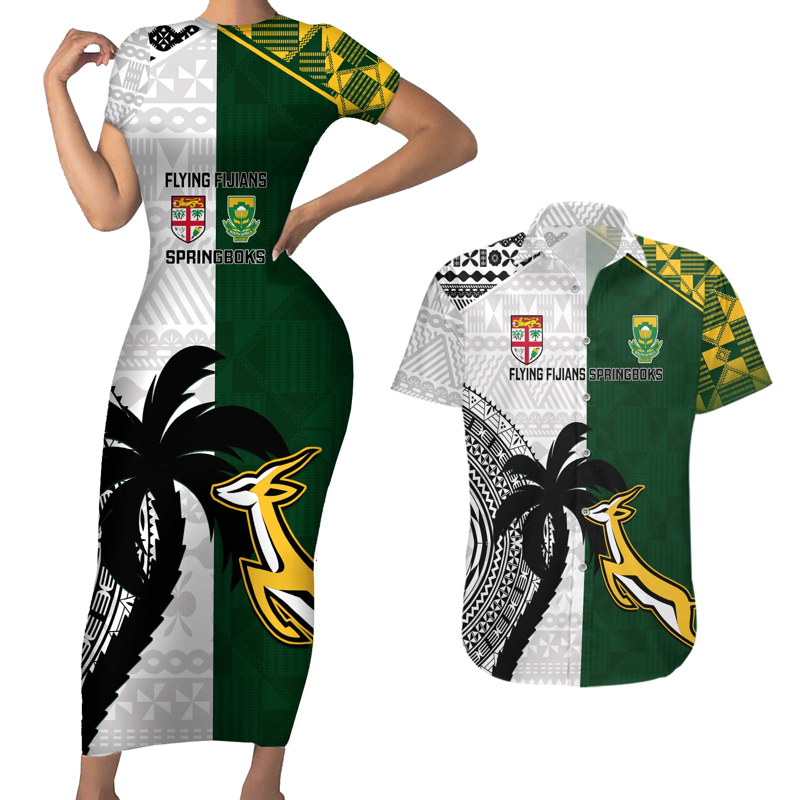 Custom South Africa And Fiji Rugby Couples Matching Short Sleeve Bodycon Dress and Hawaiian Shirt 2023 World Cup Fijian Tapa With Kente Pattern LT14 Green - Polynesian Pride