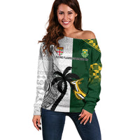 Custom South Africa And Fiji Rugby Off Shoulder Sweater 2023 World Cup Fijian Tapa With Kente Pattern LT14 Women Green - Polynesian Pride