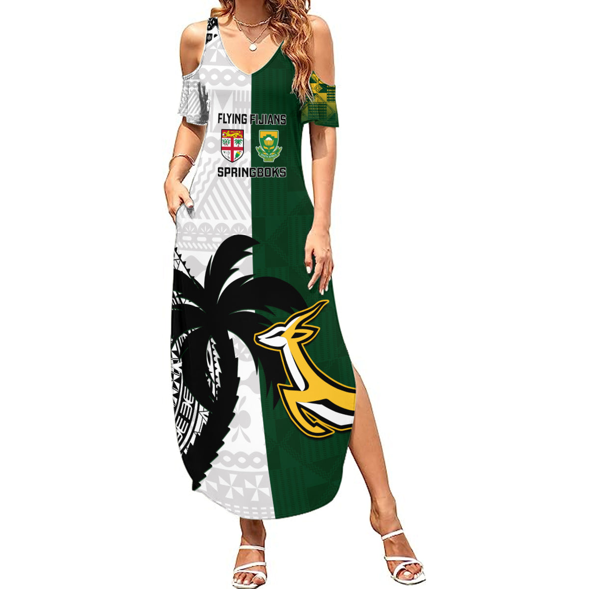 Custom South Africa And Fiji Rugby Summer Maxi Dress 2023 World Cup Fijian Tapa With Kente Pattern LT14 Women Green - Polynesian Pride