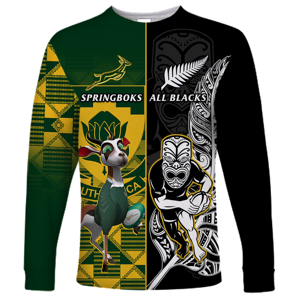 South Africa And Aotearoa Rugby Long Sleeve Shirt 2023 Springboks Kente Combine All Black Maori Fern LT14 Unisex Green - Polynesian Pride