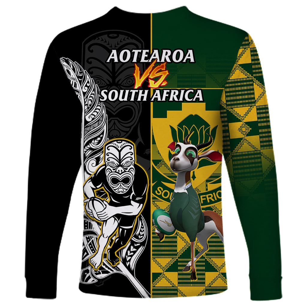 South Africa And Aotearoa Rugby Long Sleeve Shirt 2023 Springboks Kente Combine All Black Maori Fern LT14 - Polynesian Pride