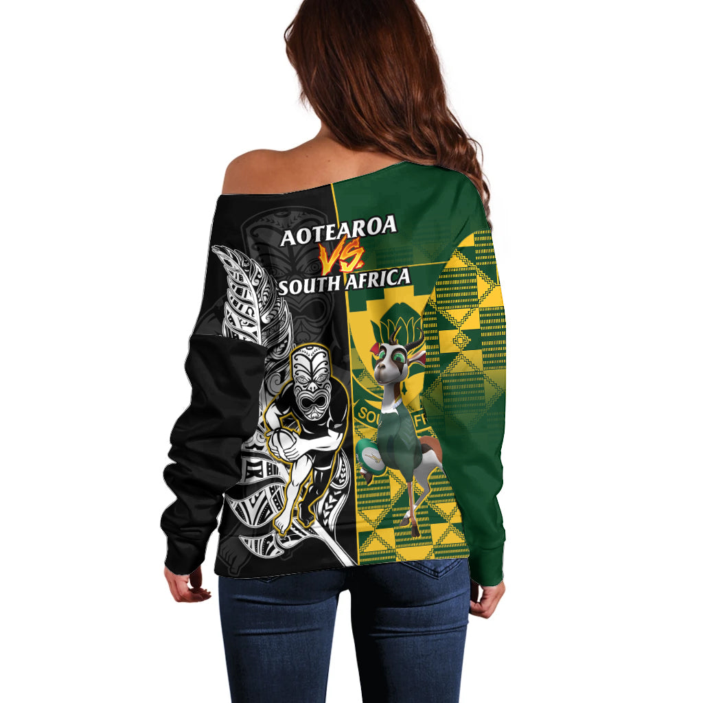 South Africa And Aotearoa Rugby Off Shoulder Sweater 2023 Springboks Kente Combine All Black Maori Fern LT14 - Polynesian Pride