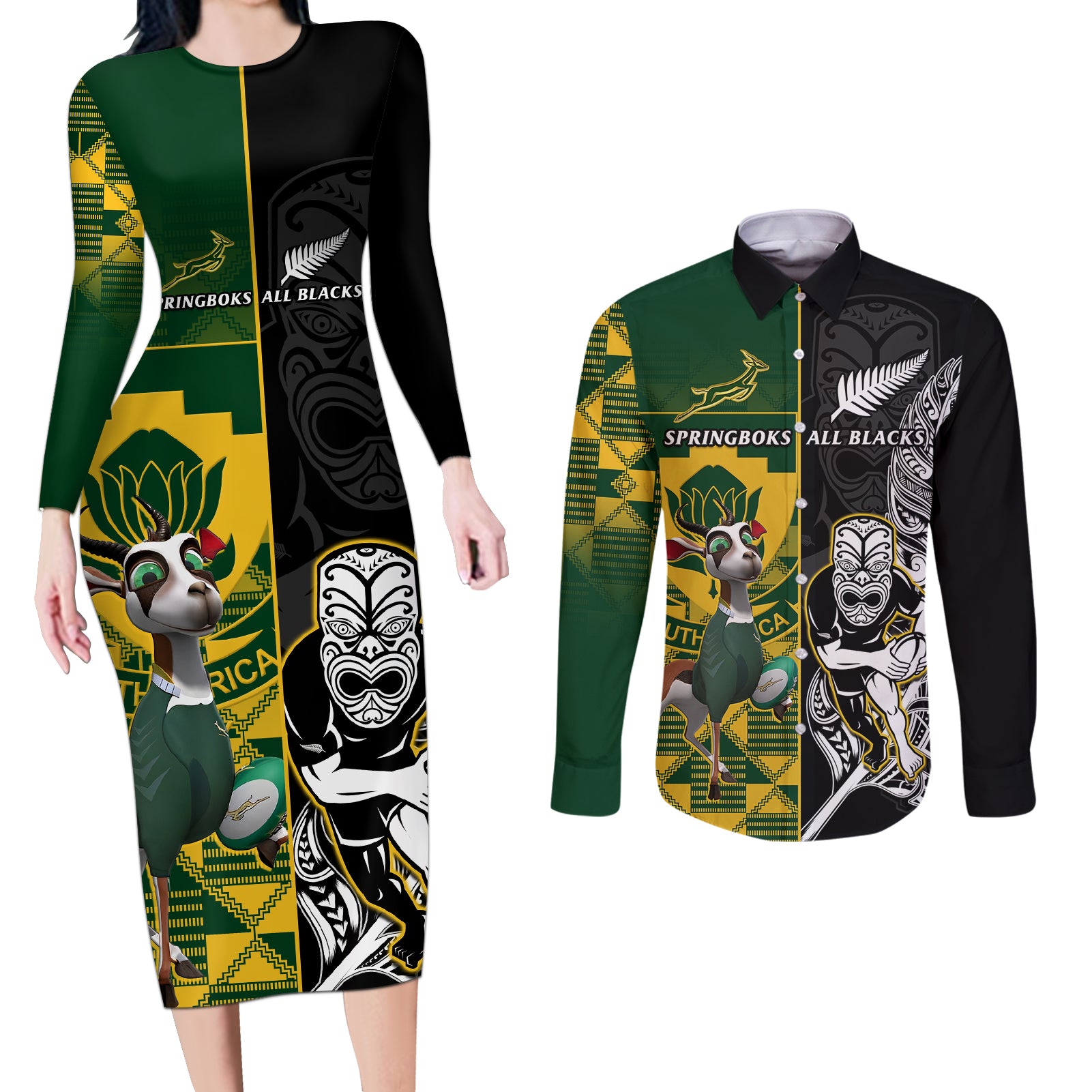 Custom South Africa And Aotearoa Rugby Couples Matching Long Sleeve Bodycon Dress and Long Sleeve Button Shirts 2023 Springboks Kente Combine All Black Maori Fern LT14 Green - Polynesian Pride