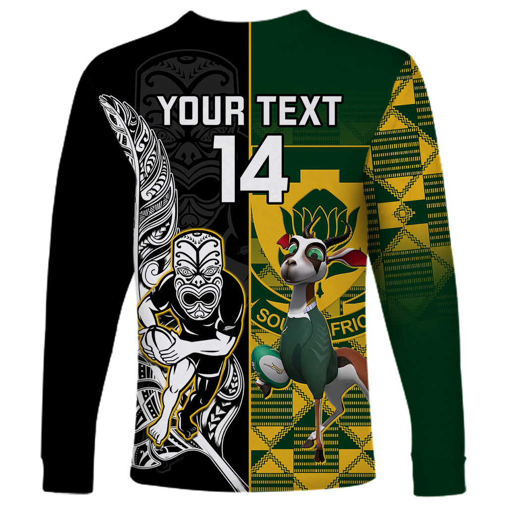 Custom South Africa And Aotearoa Rugby Long Sleeve Shirt 2023 Springboks Kente Combine All Black Maori Fern LT14 - Polynesian Pride
